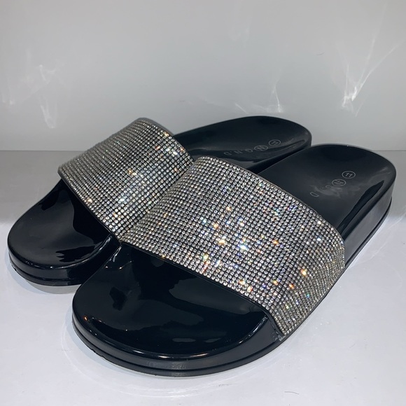 RHINESTONE BLACK SLIDES - Picture 7 of 7